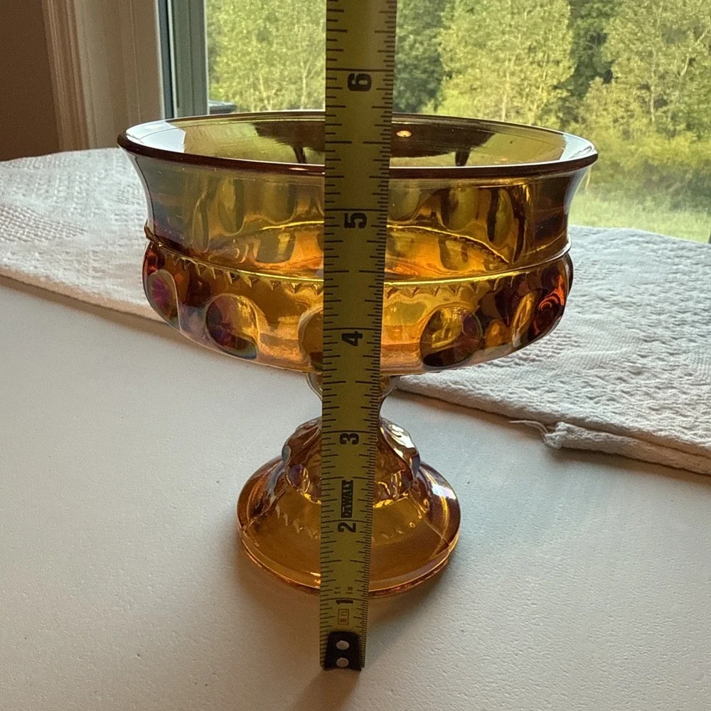 Indiana Carnival Glass Kings Crown Thumbprint Amber Compote Pedestal Candy Dish